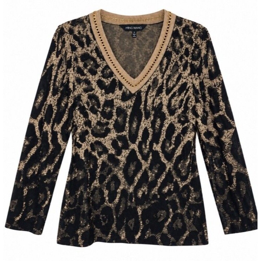 Ming Wang Women’s S Leopard Animal Print Metallic Gold Chain V Neck Sweater Top